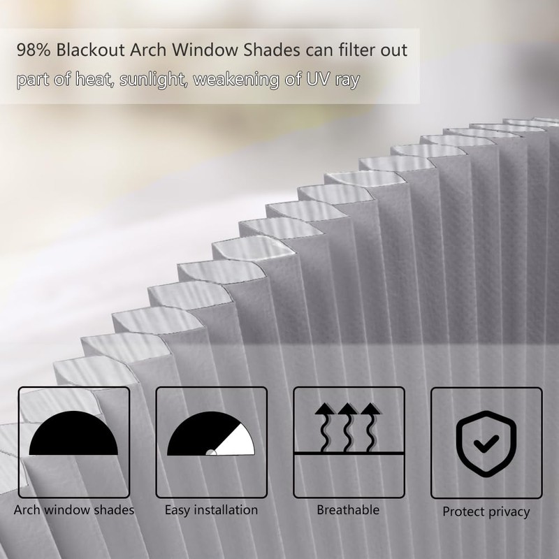 SEEYE Arch Window Blackout Shades, Pleated Fabric Blind (Radius: 24'')