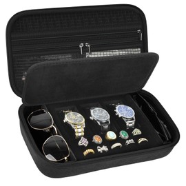 Jewelry Box Watch Case Organizer for Men and Women - Travel Display Boxes Storage with 3 Watch Compartments, 2 Glasses Slots, 10 Ring Holders, Mesh Pouch for Necklaces Bracelets Earring (Holder Only)
