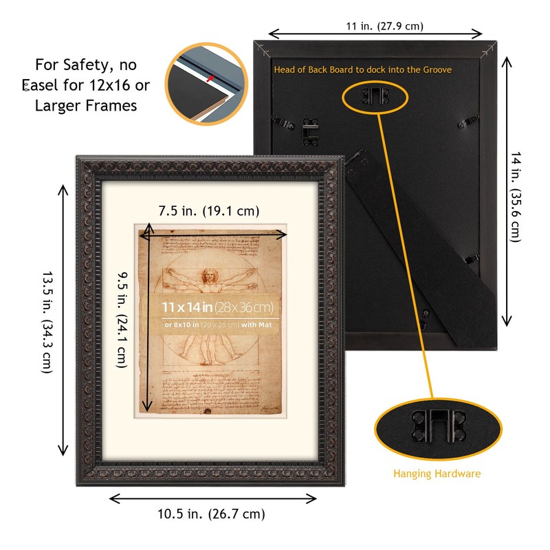 WYNCO 11x14 Rustic Black Ornate Wooden Picture Frame, with Mat