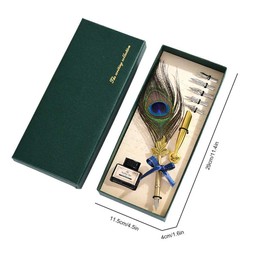 Quill Pen Ink Set-Vintage Peacock Feather Pen with Holder,5pc Metal Pen Nib Writing Calligraphy Pen Holiday Gift