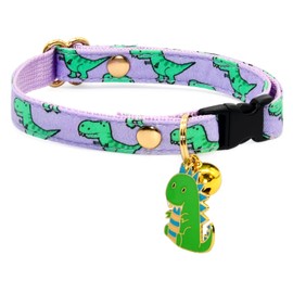 Cat Collar with Dino Charm, Roland Purple & Green Dinosaur Pattern, X-Small (8" - 13")