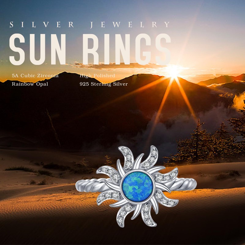 REDSUN Opal Sun Ring 925 Sterling Silver Opal Rings for