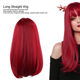 Peluca roja de 47 cm para mujer, peluca larga y recta y sedosa con flequillo, peluca frontal de encaje para fiesta, cosplay, uso diario