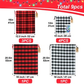 HRX Package 9pcs Drawstring Gift Bags, Small Medium Large Gift Giving Bags Buffalo Plaid Xmas Wrapping Bags for Awkward Size Christmas Presents, Birthday Wedding Holiday Party Favors Decoration