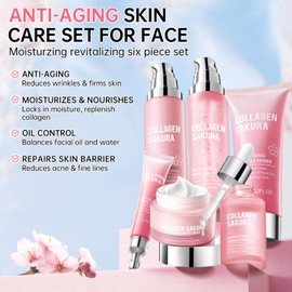 mopayzer Sakura Skin Care Set, Cherry Blossom Skincare Set for Teen Girls, Hydrate & Repair Skin, 6 Pcs Individually Packaged Collagen Skin Care Kits with Cleanser, Toner, Lotion, Serum, Cream & Eye Cream