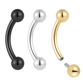 (16G 10mm) 2PCS Titanium Implant Grade 16G Internally Threaded 8mm - 14mm Tongue Nipple Eyebrow Bar Ear Curved Barbell Body Jewellery