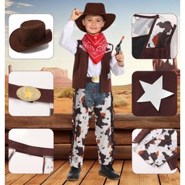 Geplaimir Geplaimir Cowboy Kostüm Kinder Set mit Cowboy Hut Weste Jungen Mädchen Western Cowboy Outfits Karneval Cosplay Party Zubehör mit Cowboy Bandana Hosen Sombrero Halstuch G080M