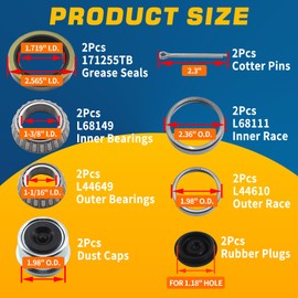 GREPSPUD 2Sets L68149 L44649 Trailer Axle Hub Bearings Kits with 171255TB Grease Seals, 1.98'' Trailer Dust Caps & Cotter Pins for 3500 lbs 1-3/8'' to 1-1/16'' #84 Spindle