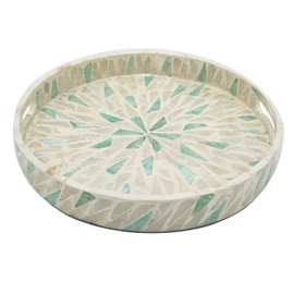 I-lan 12 Inch Round Beige Blue Mother of Pearl Severing Tray with Handle and 2 Inch Side, Lacquer Wooden Shell Decorative Tray, Gorgeous Inlay Nacre Ottoman Tray for Food, Breakfast, Coffee Table, S
