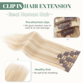 Rich Choices Clip in Hair Extensions Real Human Hair Blonde 16 Inch Remy Hair Extensions Clip in, 8PCS 65g Invisible Thin Weft #18/613 Ash Blonde mix Bleach Blonde