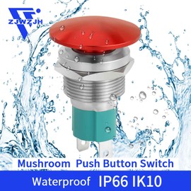 10 Amp 19mm Momentary Push Button Switch Red Mushroom Head Waterproof 12V DC 24V 110V 120VAC SPST Stainless Steel with Wire 3/4" Mounting Hole