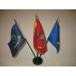 Ant Enterprises US U.S. Navy Ship w/EGA Fringe w/Airforce 3 Flags 4"x6" Desk Set Black Base