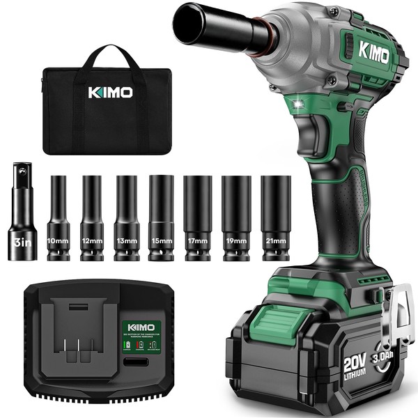 KIMO Cordless Impact Wrench, 3000 RPM & Max Torque 350 ft-lbs (475N.m), 1/2 Impact Gun with 3.0Ah Li-ion Battery, 7 Drive Impact Sockets, 3 Inch Extension Bar, 1 Hour Fast Charger,1/2 Impact Driver