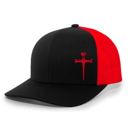 Men's Christian Faith Cross Nails Embroidered Mesh Back Trucker Hat, Black/Red