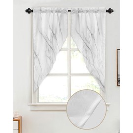 EwdeWwo Marble Swag Curtains Gray and White Rod Pocket Kitchen Curtains Valances Abstract Modern Scalloped Valance/Swag Window Treatment for Living Room (36" W x 45" L Each Panel)