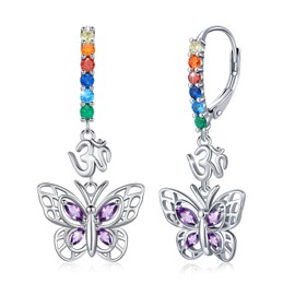 Butterfly Earrings 925 Sterling Silver Chakra Earrings Butterfly Drop Earrings CZ Dangle Earrings Yoga Butterfly Jewellery Gift for Women Girls, Sterling Silver, Cubic Zirconia