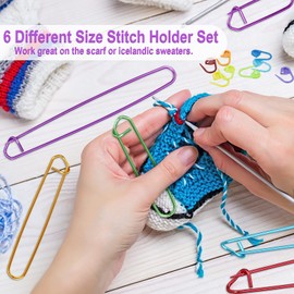 LAMXD 6Pcs Stitch Holder Set, 6 Size Assorted Colors Aluminum Yarn Stitch Holder Set Crochet Knitting Needle Markers Accessories Crochet Safety Pins for DIY Knitting Notions Crochet Needle Hooks Craft