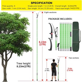 27 Feet Tree Pole Pruner Manual Branches Trimmer Tree Branch Garden Tools Loppers Hand Pole Saws Extendable Height Adustable System for Sawing and Shearing