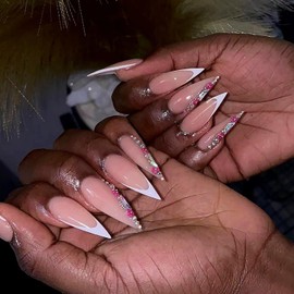 24 Pcs French Tip Press on Nails Long RIICFDD Almond Nail Press on with Flower Rhinestone Nail Charms Designs False Nails Pink Nails Full Cover Glossy Fake Nails for Women Acrylic Nails