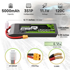 OVONIC 3S LiPo Battery 11.1V 5000mAh 120C with XT60 and TRA Plug Match RC Car Truck Airplane Helicopter Boat [6.18''D x 1.81" W x 1.03" H](2 Packs in 1 Package)(with Lipo Voltage Checker)