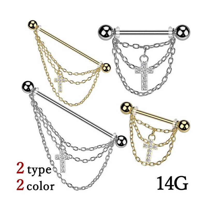 [HSP] Industrial Nipple Earrings Triple Chain Jewel CZ Cross Dangle,