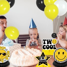 Two Cool Birthday Party Decorations Boy - 10 Pcs Smiley Face Lightning Star Checkered Two Cool Honeycomb Centerpieces for Table Decorations, Prefect for 2nd birthday decorations for boys