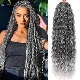 Miuric Goddess Box Braids Crochet Hair for Black Women 24 Inch 7 Packs Boho Crochet Box Braids with Curly Ends Pre Looped Bohomian Box Braids Synthetic Crochet Braids Braiding Hair Extensions 1b/grey