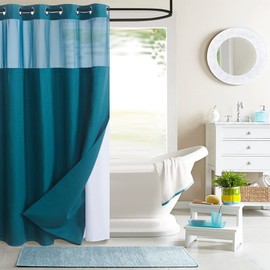 WPM No Hooks Required Shower Curtain with Snap-in Liner Waffle Weave Design, Hotel Grade Style Waterproof & Washable, Mesh top Window Easy Snaphook Bathroom Teal Curtains (54"x80" W/Liner, Teal)