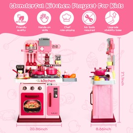 DRAMATION Kids Kitchen Playset, 27.1 Inches Play Kitchen with Sound and Light, Kitchen Set for Toddlers 1-3 3-5, Cooking Stove, Play Sink and Kitchen Accessories, Toddler Kitchen Playset(Pink)