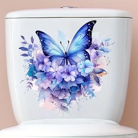 Purple Plant Flower Butterfly Toilet Cover Sticker Decals,Spring Flower Leaf Butterfly Waterproof Toilet Lid Tank Seat Decals Cistern Self-Adhesive Bathroom Wall Sticker