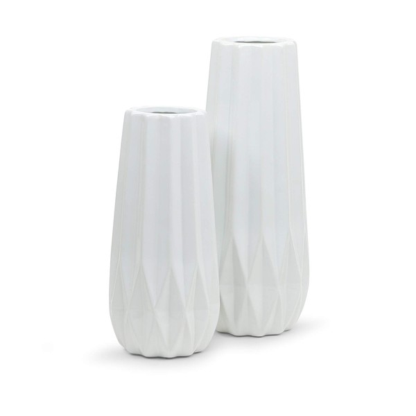 WGV Origami Ceramic Vase, 5.2"x11"H, 6"x14"H, Tall Matte White Pleated