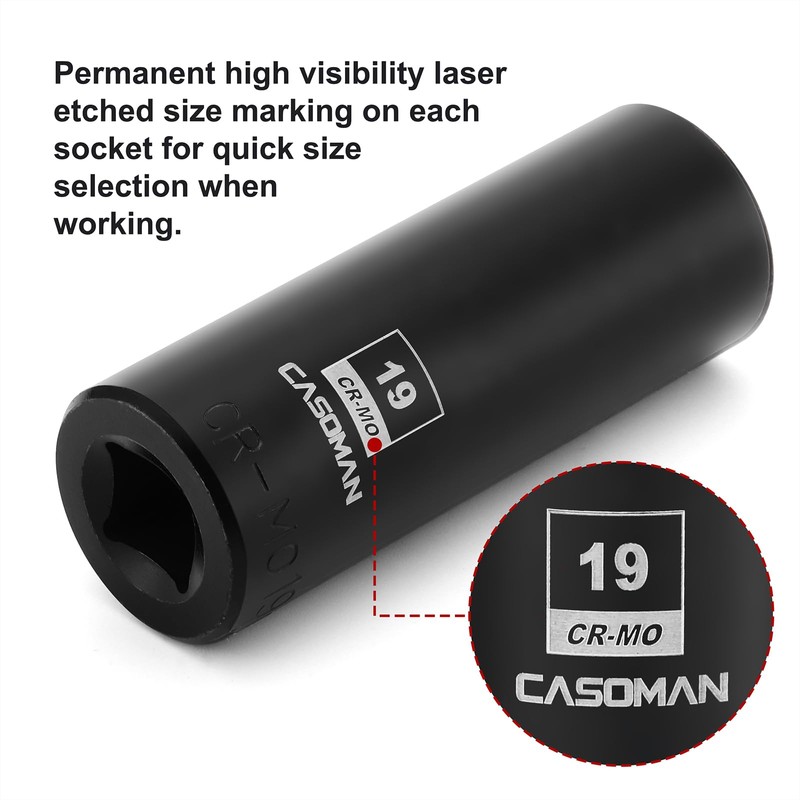 CASOMAN 1/2-Inch Drive x 19mm Deep Impact Socket, 6-Point, Metric,