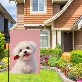 HILILIAN Maltese-Dog Garden Flag Sweet Dog and Red Rose Floral Anniversary Valentine's Day Decor Home Banner for Outside Yard 12.5X18 Inch Both Sides(7963)
