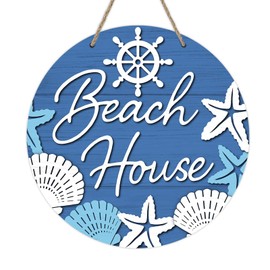 Deroro Beach House Navy Blue Front Door Sign, Coastal Starfish Conch Helm Wood Door Hanger Outdoor Outside Porch Decor, Summer Nautical Farmhouse Wooden Wreath Indoor Wall Hanging Decoration