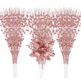 30 Pack Artificial Glitter Berry and Flowers Stem Ornaments, 17" Christmas Picks with Glitter Berry Poinsettia Flowers Fake Floral Branches for Xmas Tree Wreath Decorations Home Decor (Rose Gold)