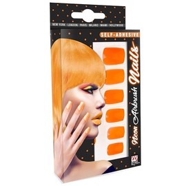 SET OF 12 S/ADHES NEON ORANGE AIRBRUSH NAILS FOR FANCY DRESS ACCESSORY