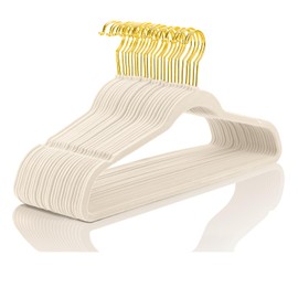 MIZGI Premium Velvet Hangers Pack 40 Pcs Heavy Duty - Non Slip Felt Hangers - Velvet Suit Hangers Ivory with Gold Hooks,Space Saving Clothes Hangers