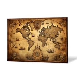 Modern Wall Art 16"X12" Painting Artwork Framed for Living Room Bedroom Bathroom Office Home Decor, Antique - style World Map with Decorative Elements Pictures on Canvas Art Painting
