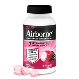 Airborne Vitamin C 1000mg (per Serving) - Very Berry Chewable Tablets (116 Count in a Bottle), Gluten-Free Immune Support Supplement, with Vitamins A C E, Zinc, Selenium, Ginger, Antioxidants
