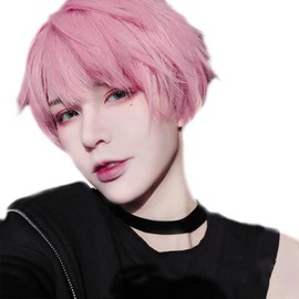 Wig, Men's Wig, Pink Short Premium Wig, Cool, Men's Wig, Pink Cosplay, Small Face Effect, Full Wig