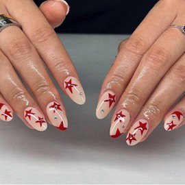 MouyouGlow Press on Nails Short, Almond Nude Red Star Rhinestone Fake Nails with Nail Glue, Almond Red Stars Crystal Artificial Fingernails