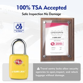 SURE LOCK TSA Approved Luggage Locks - One Key Opens All, Compact & Durable Zinc Alloy Travel Lock with Steel Shackle, Keyed Alike (Yellow 4 Locks, Mini Size for Suitcase/Backpack/Gym Locker)