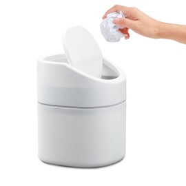 MAJOYLIFE Table Bin with Lid, 2 Litres, Mini Waste Bin for Desk, Dressing Table, Bedside Table, etc., Polypropylene, (13 x 13 x 16 cm, White)
