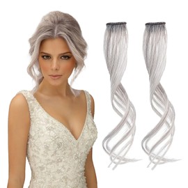 NICENEEDED 2PCS Long Side Air Bangs, Wavy Curly Clip Front Side Bangs Forehead Bangs, Thin Sides Swept Fringe Hairpieces Highlights Fake Bangs for Women Daily Grey