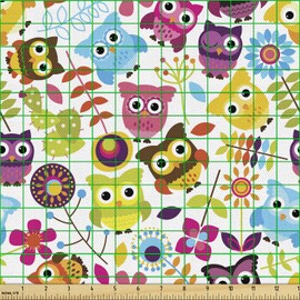 Ambesonne - Tela de dibujos animados de The Yard, patrón de búhos con plantas de cactus con flores botánicas, hojas de diente de león, tela decorativa para tapicería y detalles del hogar, 2 yardas, blanco y rosa