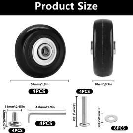 4 Pcs Luggage Wheels Replacement 50mm x 18mm, Suitcase Wheels Replacement Wheel, PU Rubber Luggage Swivel Bearings Spare Casters Wheel Repair Kit, with Accessories(Black)