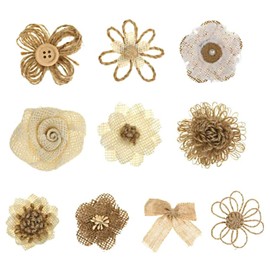 KUMGROT 10pcs Burlap Fabric Flowers DIY Handmade Flower Burlap Roses DIY Vintage Rustic Flowers for Crafts Party Decoration 10 Style Burlap Flowers