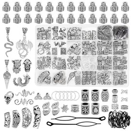 Fscwlmon 242PCS Vikings Hair Clips Jewelry for Women Men Norse Runes Tube Beads Loc Accessories Metal Braids Clips Cuffs for Dreadlock Viking Beard Hair Beads Bracelet Necklace DIY Pirate Decor Silver