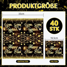 JULMELON Happy New Year Napkins, Pack of 40 33 x 33 cm 3-Ply New Year's Eve Napkins New Year's Eve Decoration 2025 Black Gold Napkins for New Year Party Decoration