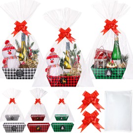 Pasimy 12 Set Christmas Basket for Gifts Empty Bulk Xmas DIY Gift Basket Holiday Kraft Market Tray Cardboard Basket with Handles Christmas Gift Basket to Fill for Christmas Gift Warp (Plaid)